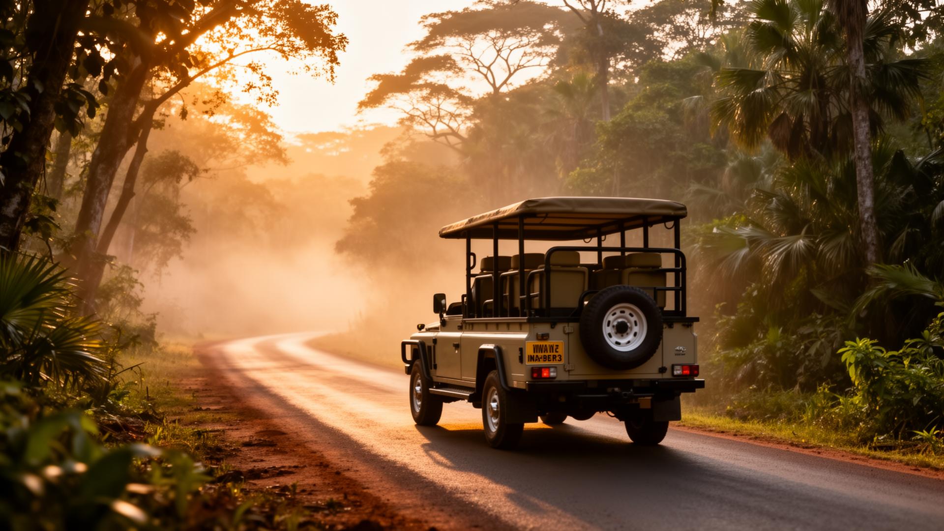 Safari jeep on a misty Yala road at sunrise